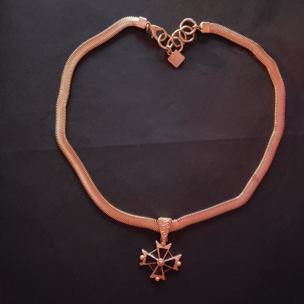 Vintage Anne Klein LION TAG Maltese Cross Pendant Gold Flat Necklace